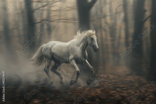 A white horse running through a misty forest filled with fog, A ghostly horse galloping through a foggy forest, its hooves barely touching the ground © Iftikhar alam