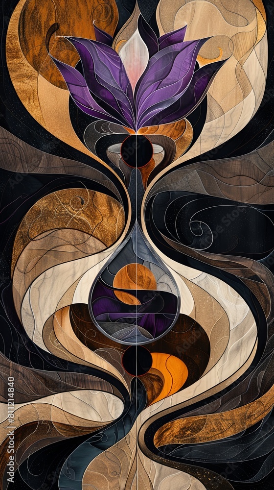 A painting of a purple flower with a clock in the background A painting of a purple flower with a clock in the background