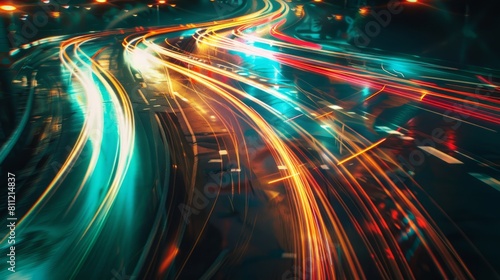 Dynamic urban lights, long exposure reveals swirling trails in the night, an abstract vision of speed and movement, AI Generative hyper realistic 