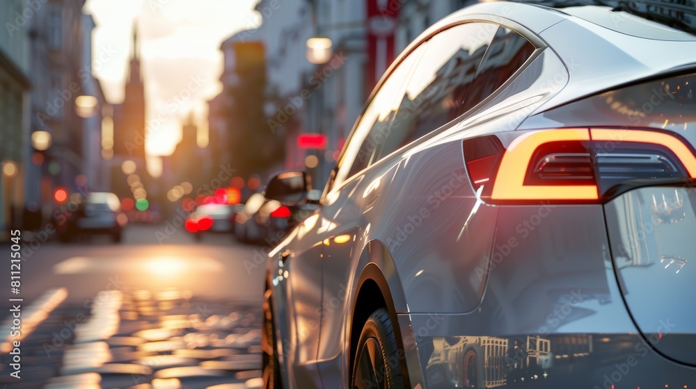 Electric car driving through city. Clean energy electric transportation hyper realistic 