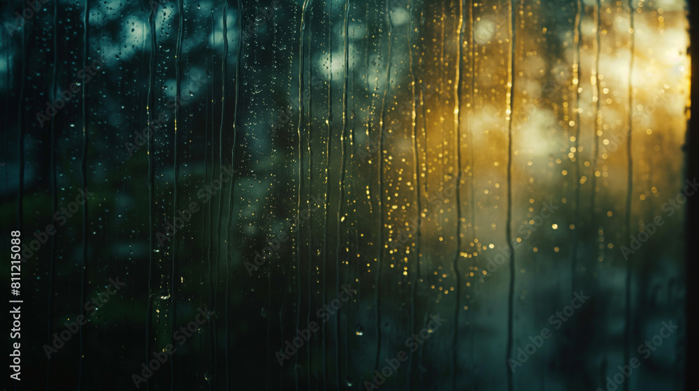 Obraz premium A mesmerizing shot of raindrops forming rivulets on a misted-up window, with the soft glow of twilight casting long shadows. Dynamic and dramatic composition, with copy space