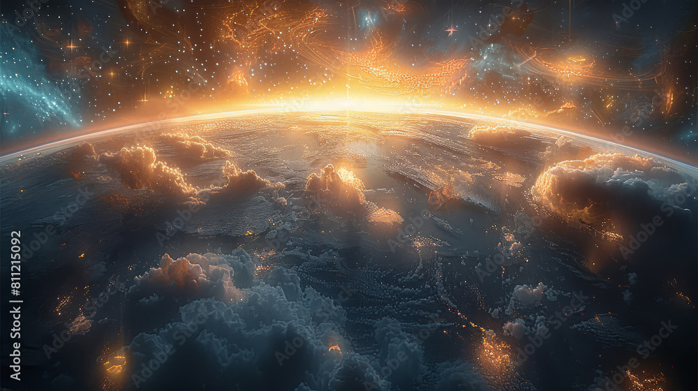 Outer space, mysterious planet with landmasses, seas, billowing clouds, vibrant colors, light, aura in the background, stars. Generative AI. Outer space, mysterious planet with landmasses, seas, billowing clouds, vibrant colors, light, aura in the background, stars. Generative AI.