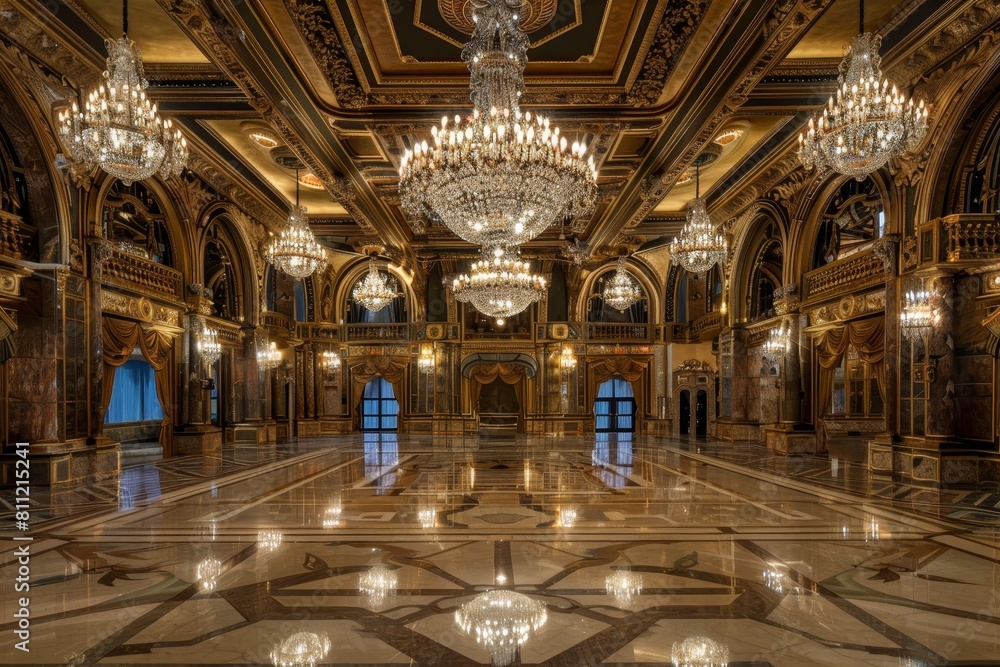 Obraz premium A grand ballroom adorned with sparkling chandeliers hanging from the ceiling, creating a luxurious ambiance, A glamorous ballroom dripping with crystal chandeliers and opulent gold accents