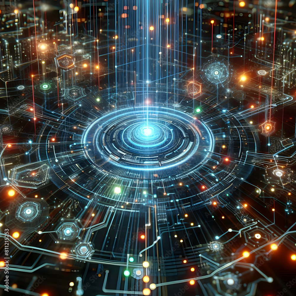 Obraz premium Circuit,Abstract network technology concept 3d illustration,Blue Tech Waves Background Tunnel
