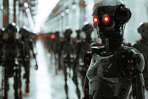 Wallpaper Mural black humanoid robot works to secure an area in a large group of them Torontodigital.ca