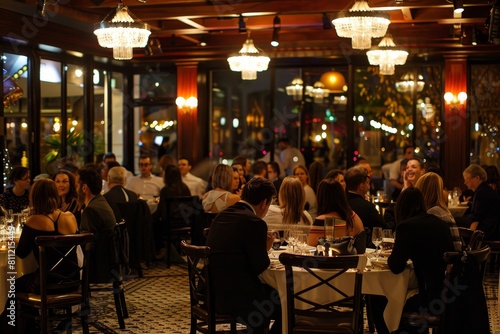 A group of people enjoying a meal and socializing at tables in a busy restaurant, A glamorous restaurant filled with networking professionals