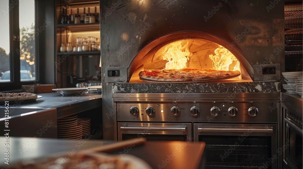A built-in pizza oven in a steel restaurant kitchen with a counter near a window. Generative AI. A built-in pizza oven in a steel restaurant kitchen with a counter near a window. Generative AI.