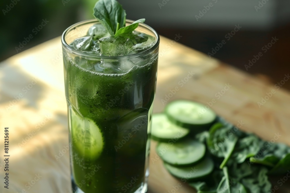 A glass filled with cucumber and mint juice placed on a wooden table, A glass of green juice made with kale, spinach, and cucumber A glass filled with cucumber and mint juice placed on a wooden table, A glass of green juice made with kale, spinach, and cucumber