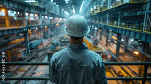 An industrial worker wearing a hard hat looks out over a large factory.