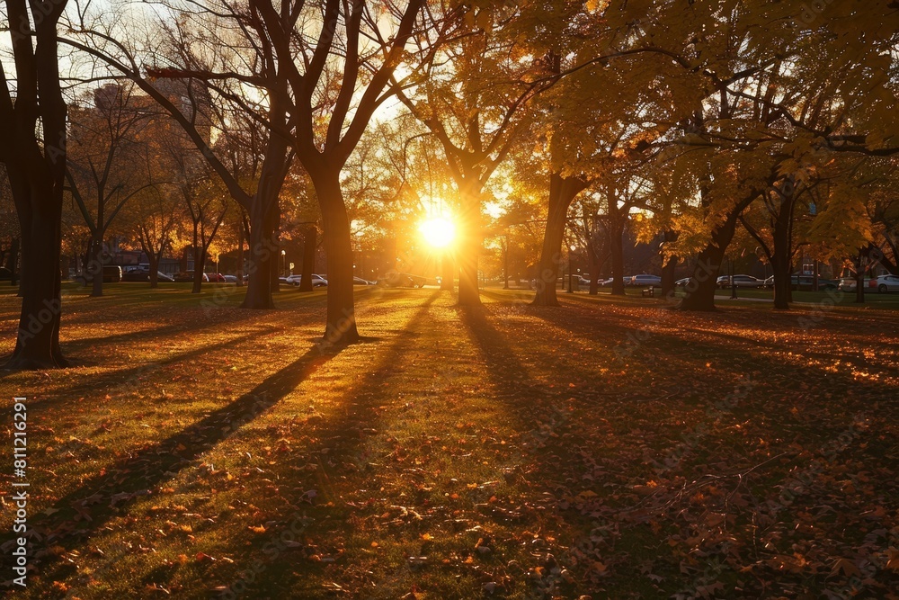 Naklejka premium Sun shining through trees casting shadows in park setting, A golden sunset casting long shadows over a peaceful park