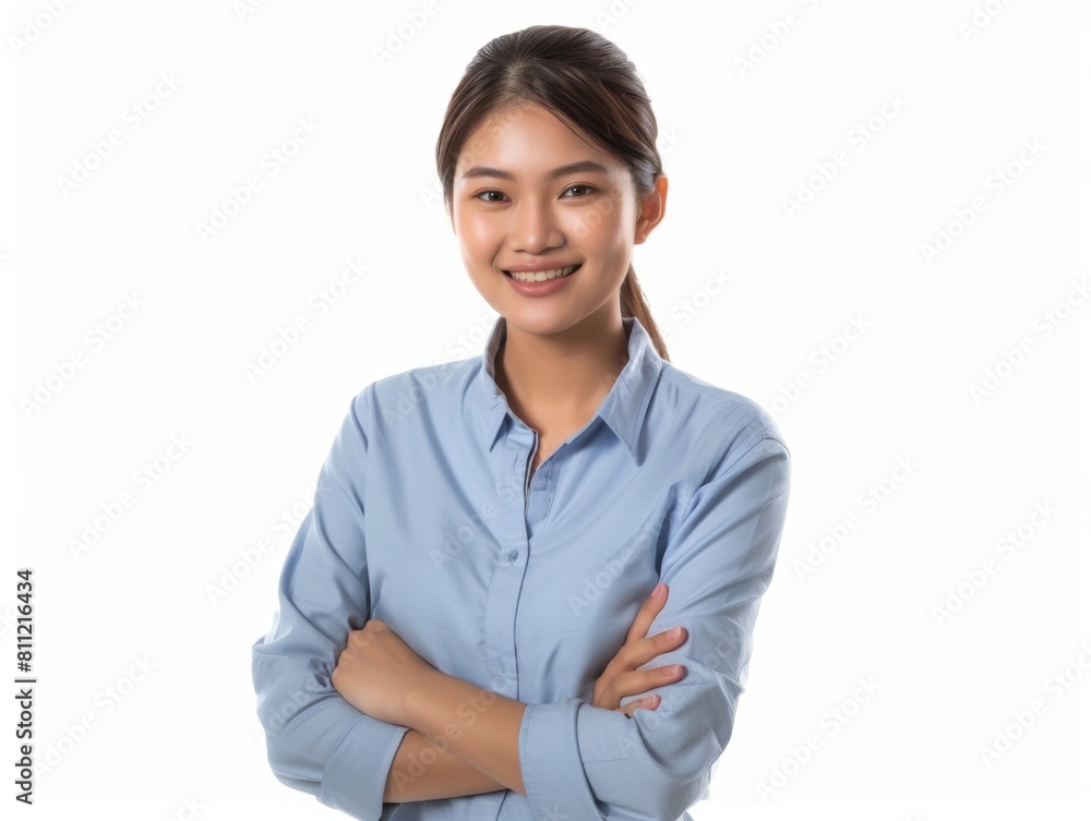 Multiethnic woman in blue clothes smiling on a white background.Company employee, worker, businesswoman. Multiethnic woman in blue clothes smiling on a white background.Company employee, worker, businesswoman.