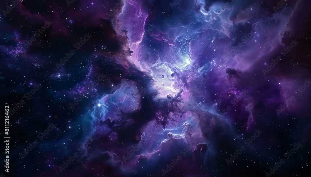 Galaxy, nebula and space with dark background of universe for adventure, exploration or fantasy. Cosmos, purple and wallpaper of astrology, astronomy or constellation for interstellar solar system