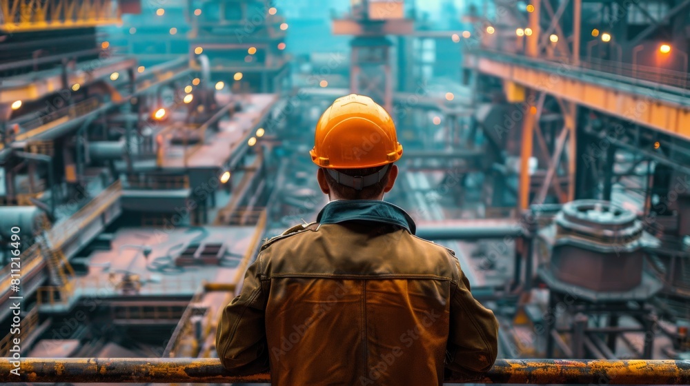 A worker in a hard hat is looking at a steel mill.