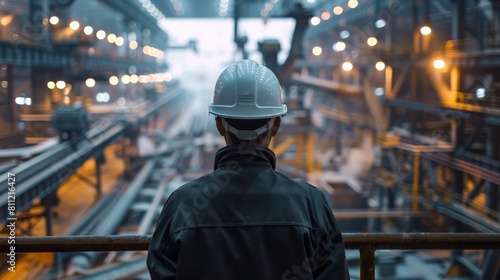 An industrial worker wearing a hard hat is looking out over a large factory floor.