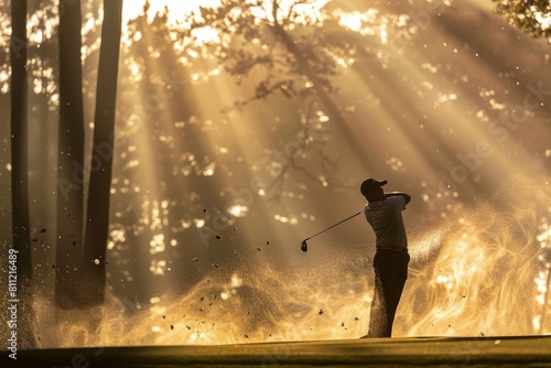 A man in midswing hitting a golf ball with a golf club on a sunny day, A golfer mid-swing, with sunlight filtering through the trees