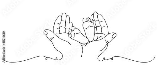baby's feet held by parents line art style. children's day and father's day elements	