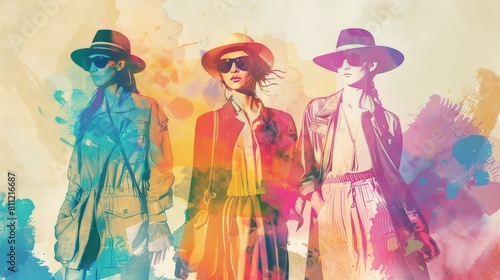 Harmonious Fusion of Vintage and Contemporary Fashion in Whimsical Ink Wash Style with Vibrant Gradient Background photo