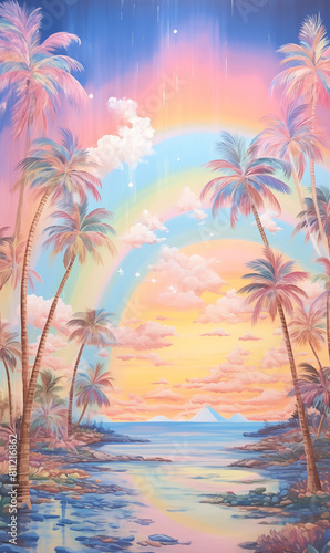 painting of a rainbow over a beach with palm trees and a rainbow