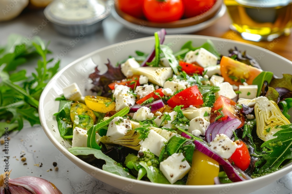 A white bowl filled with gourmet salad next to a glass of wine on a table, A gourmet salad with exotic ingredients like artichokes and feta cheese A white bowl filled with gourmet salad next to a glass of wine on a table, A gourmet salad with exotic ingredients like artichokes and feta cheese