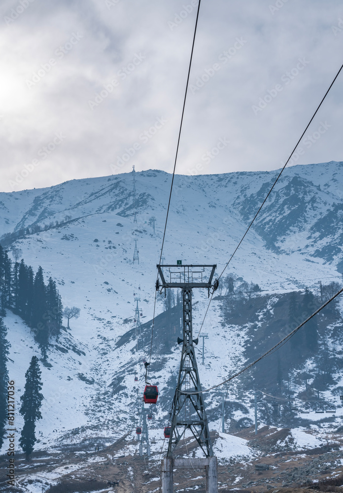 Gondola ride from Gulmarg, Famous cable car ride view from Kashmir, Snow covered mountain range with ropeway adventure activity, Winter landscape scenery Gondola ride from Gulmarg, Famous cable car ride view from Kashmir, Snow covered mountain range with ropeway adventure activity, Winter landscape scenery