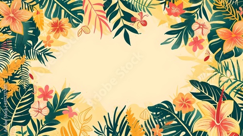 Lush Tropical Foliage Frame with Vibrant Flowers and Leaves in Exotic Nature Background for Summer Vacation Beach or Botanical Decor