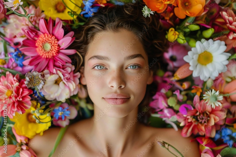 Young Caucasian Woman Surrounded by Vibrant Flowers on Transparent Background Young Caucasian Woman Surrounded by Vibrant Flowers on Transparent Background