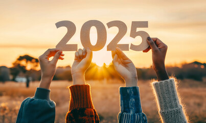 Multi ethnic hands holding 2025 sign text  in front of beautiful sunset