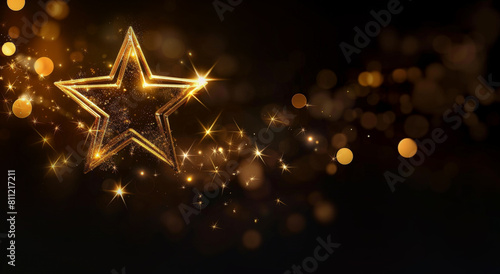 Golden star with sparks and bokeh on black background