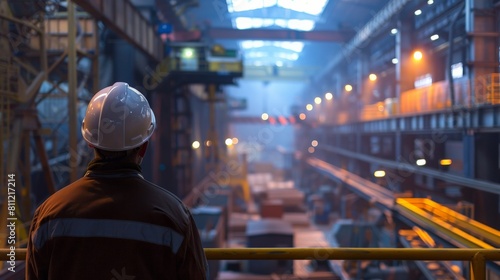 Industrial worker wearing hard hat looking out at factory floor photo