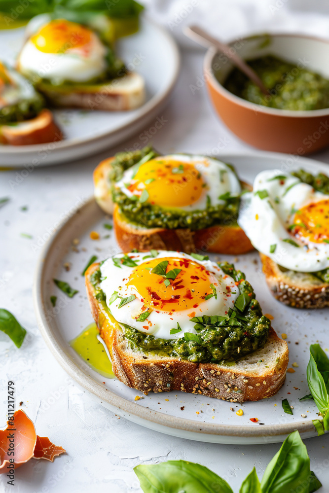 Freshly made pesto eggs on toast on a white modern table background, food recipe styling concept, Generative AI Freshly made pesto eggs on toast on a white modern table background, food recipe styling concept, Generative AI
