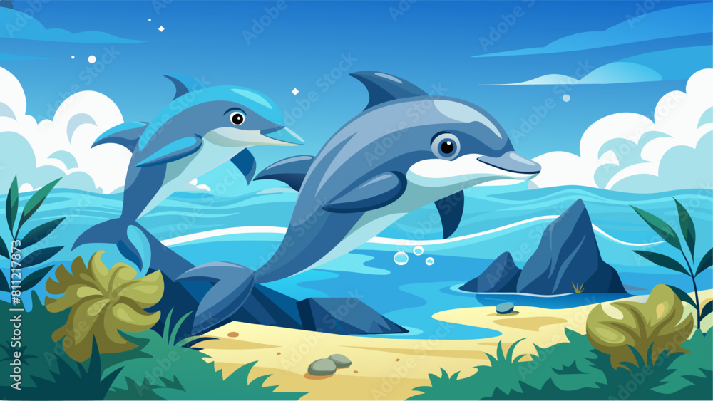 Two dolphins are swimming in the ocean near some rocks. The scene is peaceful and serene. The water is calm and the sky is clear Two dolphins are swimming in the ocean near some rocks. The scene is peaceful and serene. The water is calm and the sky is clear
