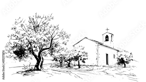 Small church with olive trees, vector sketch