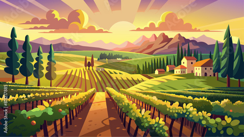A beautiful landscape with a house and a vineyard. The sun is setting and the sky is filled with clouds