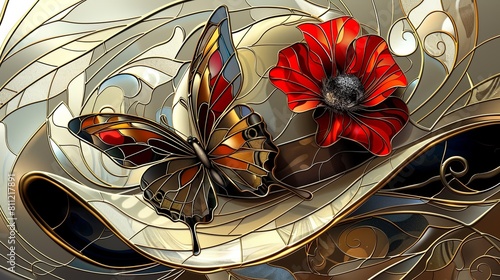 A butterfly with gold and red wings is the main focus of this image