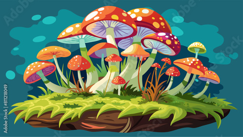 A bunch of mushrooms are on a rock. The mushrooms are of different colors and sizes. The image has a dreamy and whimsical mood