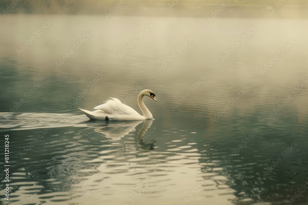 Fototapeta premium A white swan gracefully floats on a body of water, A graceful swan gliding across the surface of a tranquil lake