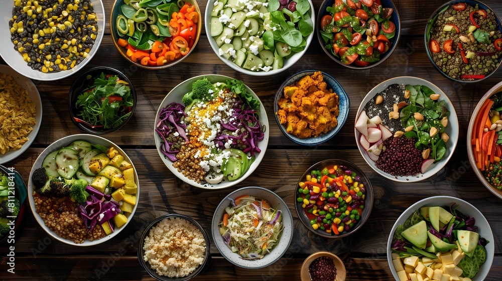 A table full of bowls of food, including salads and other dishes, vegan food