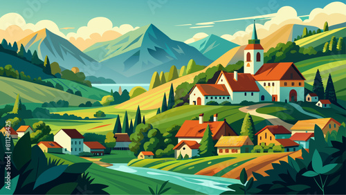 A beautiful landscape with a small town in the middle. The mountains in the background are covered in trees and the houses are white. The scene is peaceful and serene