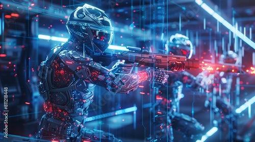 Two robots are playing a video game, one of them holding a gun photo