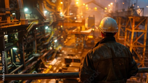A steelworker looks out over the factory floor. © Sittipol 