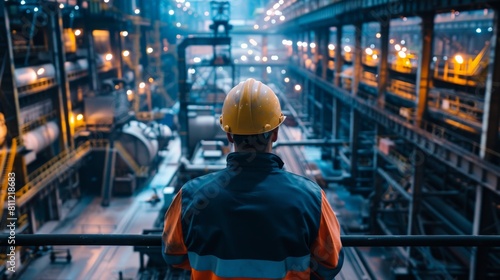 A worker in a hard hat looking out over a factory floor