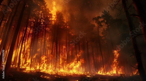 A forest fire is raging through a wooded area, Global Warming, Climate Change