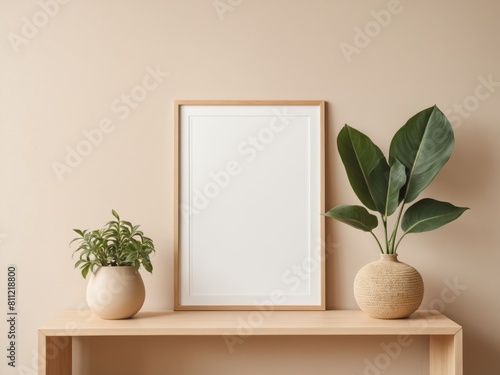 Empty horizontal frame mockup in modern minimalist interior with plant in trendy vase on beige wall background