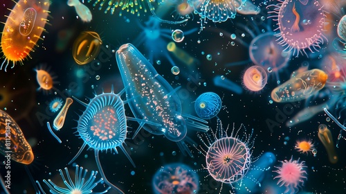 A colorful microscopic image of many different types of sea creatures photo