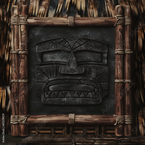 A bamboo frame, tiki-themed blank chalk sign to accept a custom message or design element - a dark antique texture similar to a chalkboard with a tiki mask shape, tropical Hawaiian theme	 photo