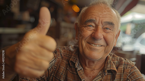 elderly man in a cafe showing thumbs up © vvalentine