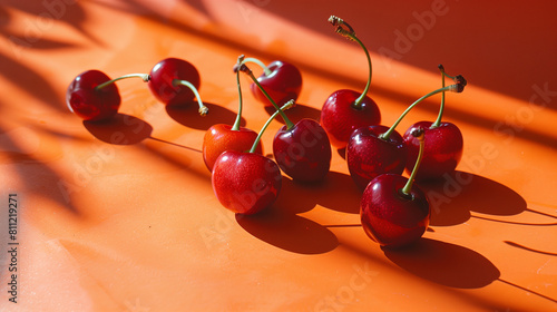 Juicy cherries on an orange background, captured in a minimal concept photography style. Soft light and high key lighting create a serene ambiance, complemented by the vibrant orange color palette.  photo