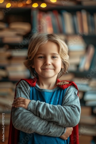 Wallpaper Mural Cute little boy leaning on a stack of books in a library. Intelligent kid loves to read and learn. Happy smiling child trying on graduate gown. Children's education concept. Torontodigital.ca