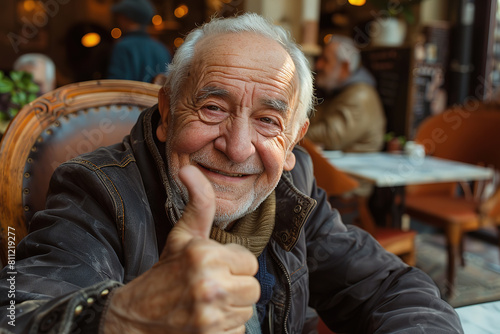 elderly man in a cafe showing thumbs up