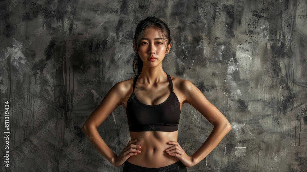 Attractive sporty Asian woman wears fashionable sportswear on a gray background. Active lifestyle and sports.